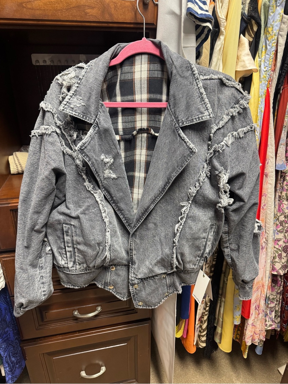 Retrofete Ellie Reversible Distressed Denim Plaid Jacket NWT